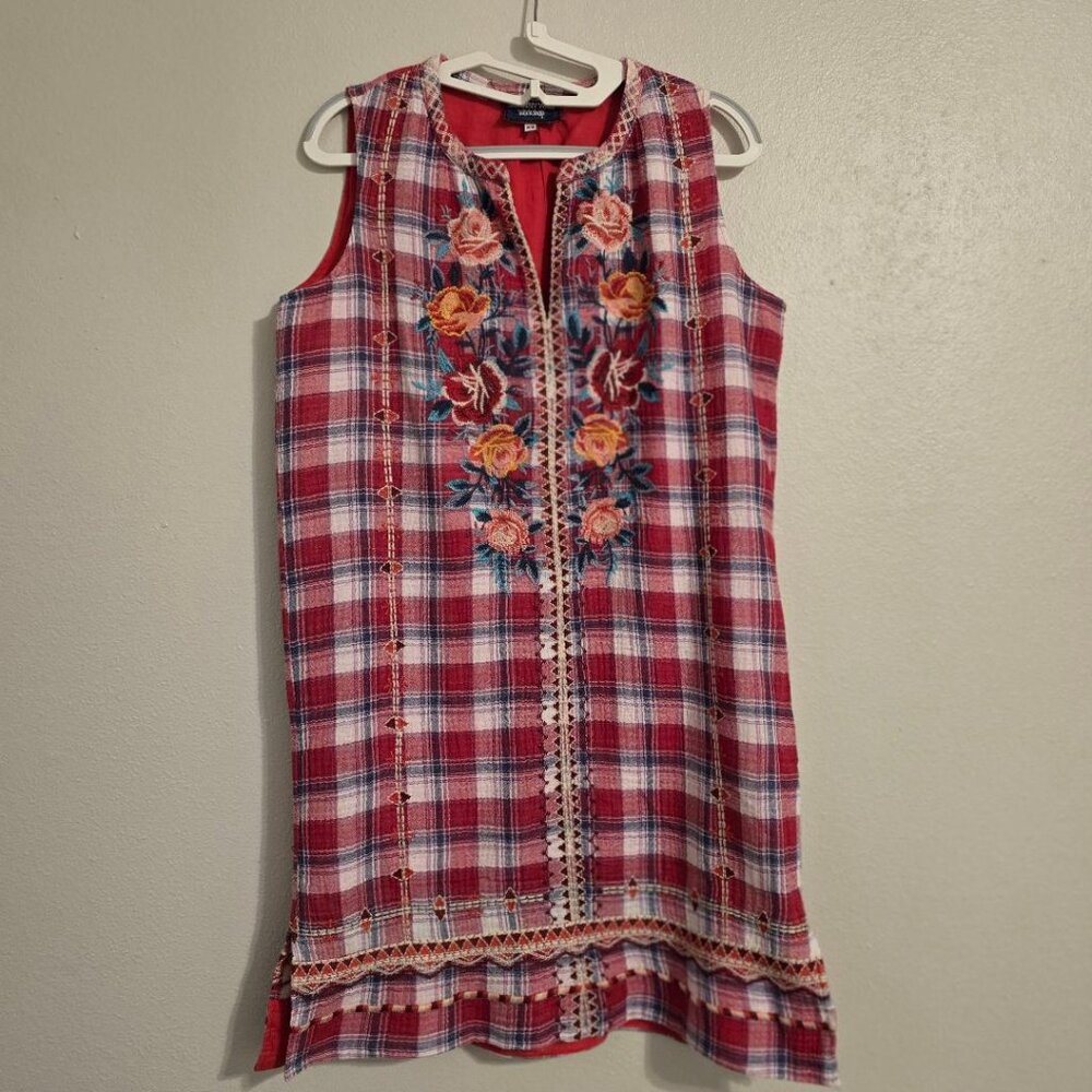 Johnny Was Pullover Workshop Peasant Size XS Red London Plaid Embroidered Dress